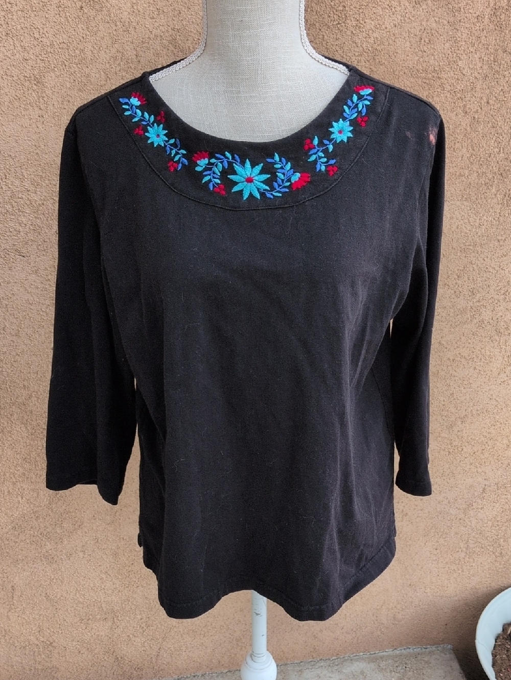 Vintage 80's Moody Embroidered Floral Boxy 3/4 Sleeve Blouse Grandma Cottagecore